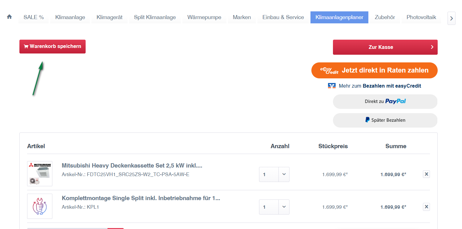 Screenshot Warenkorb speichern