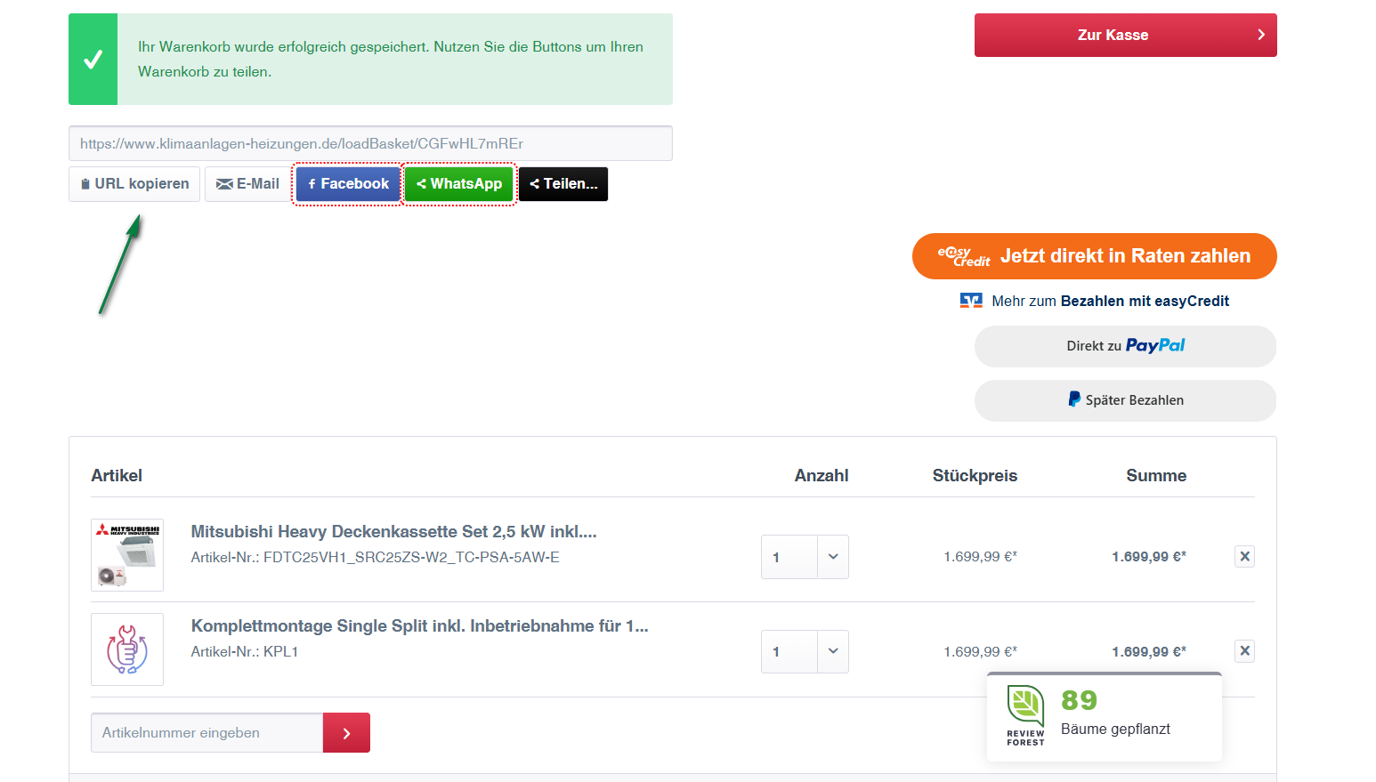 Screenshot Warenkorb URL kopieren